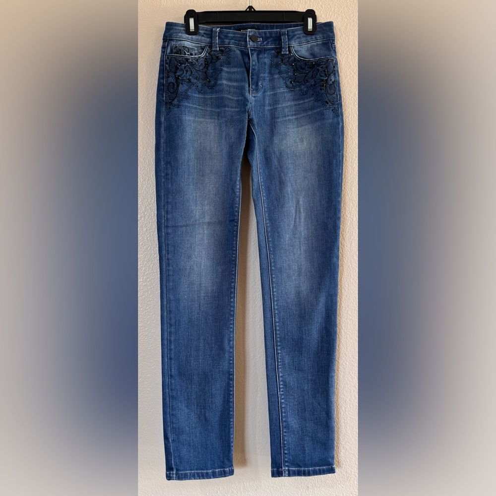 WHBM Lace & Bead Embellished Slim Jeans 4R Blue Embroidered Mid Rise